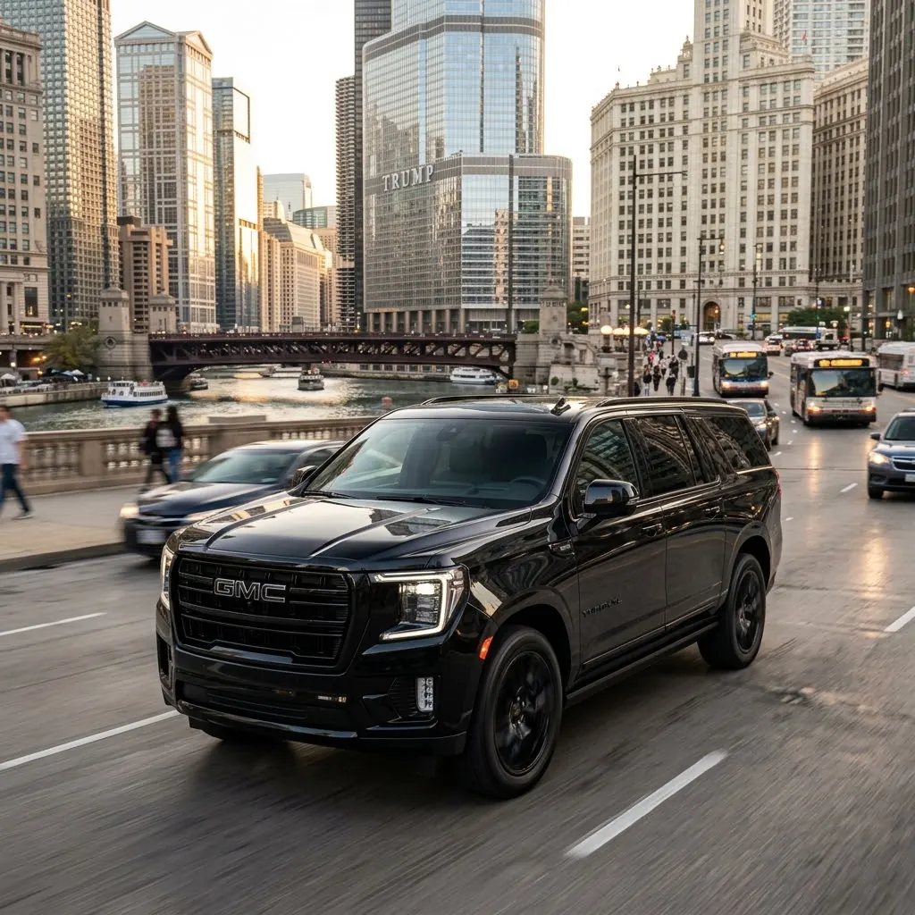 Black SUV crossing the Chicago River downtown