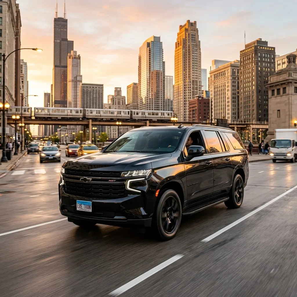 Black SUV in downtown Chicago at sunset with the L train behind it