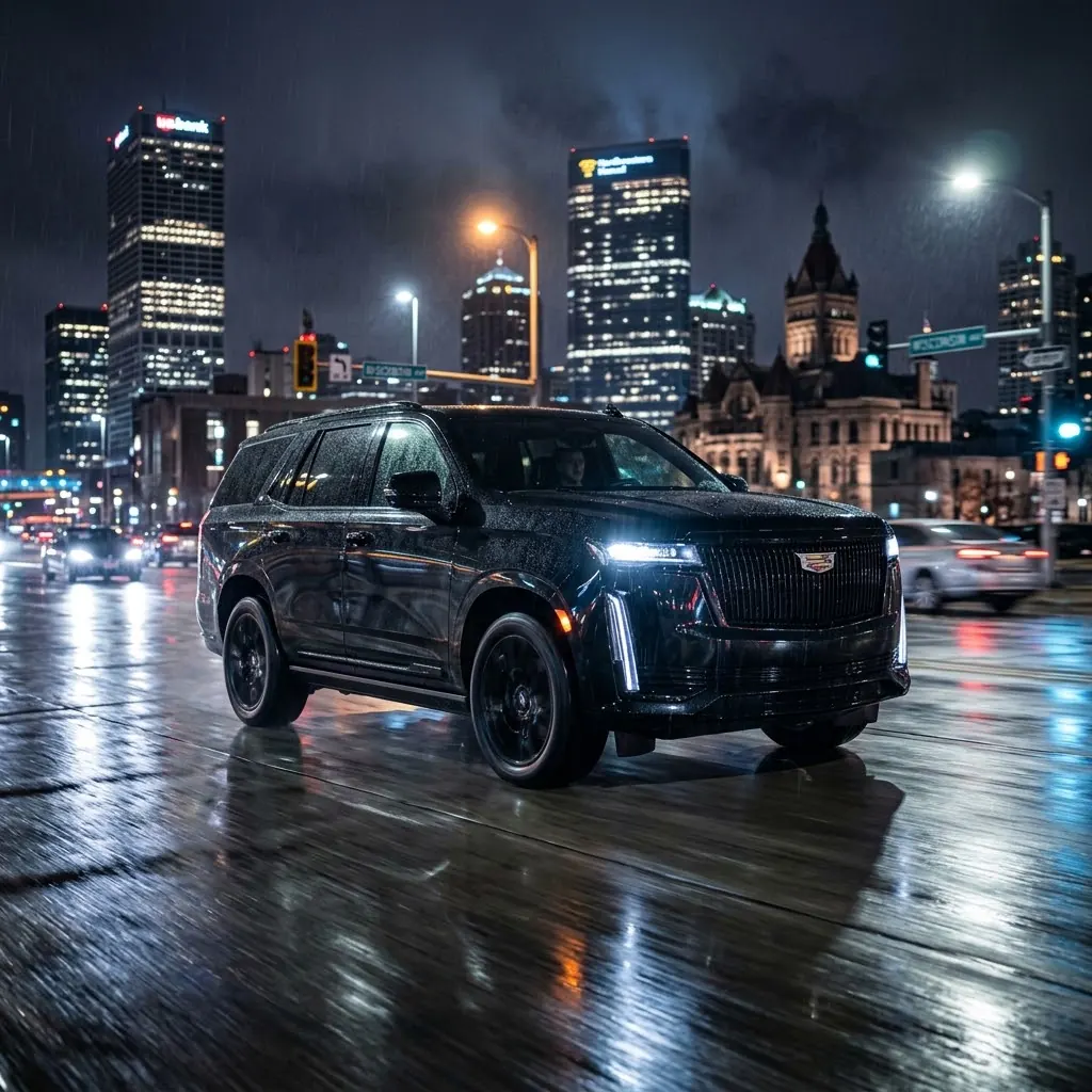 Cadillac Escalade driving through downtown Milwaukee at night