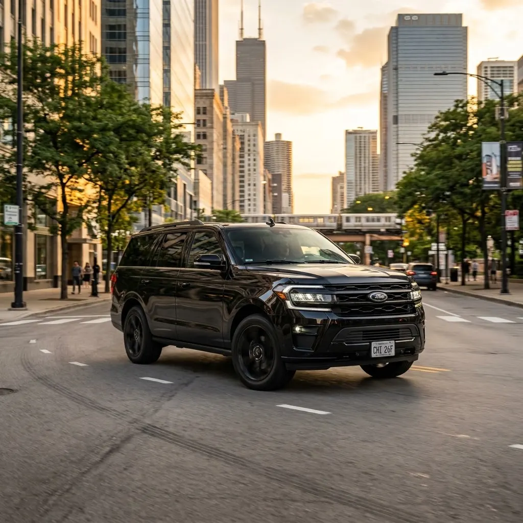 Ford Expedition airport car service in Chicago at sunset
