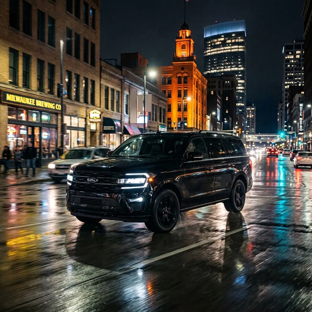 Ford Expedition SUV in downtown Milwaukee at night