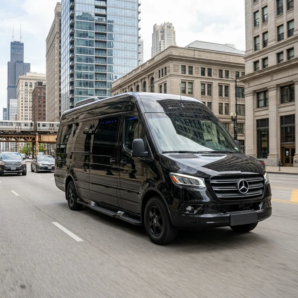 Mercedes Sprinter van driving under the L tracks in the Chicago Loop