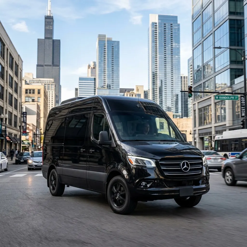 Mercedes Sprinter van group ride in the Chicago West Loop